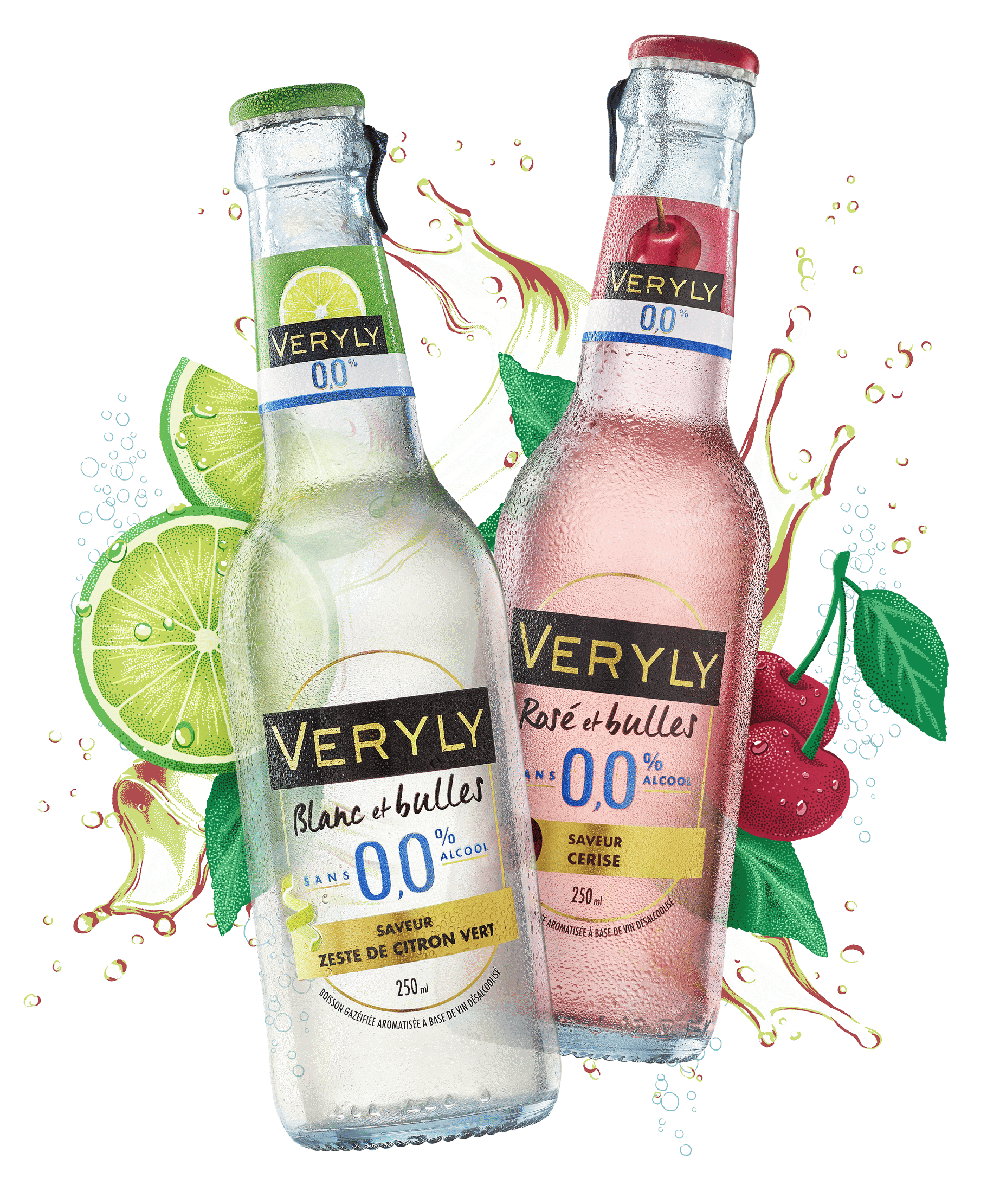 Bouteilles de Veryly petits formats saveurs Cerise et Zeste de citron vert